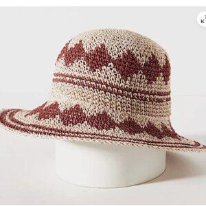 Printed Crochet Straw Bucket Sun Hat By Anthropologie Pink Combo EUC